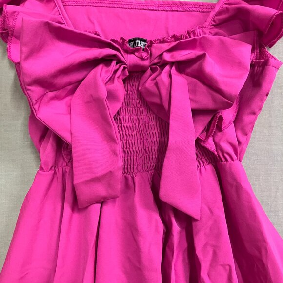 Mebius Girls 10Y Hot Pink Bow Back Square Neck Ruffle Sleeve Preppy A Line Dress - Picture 10 of 12